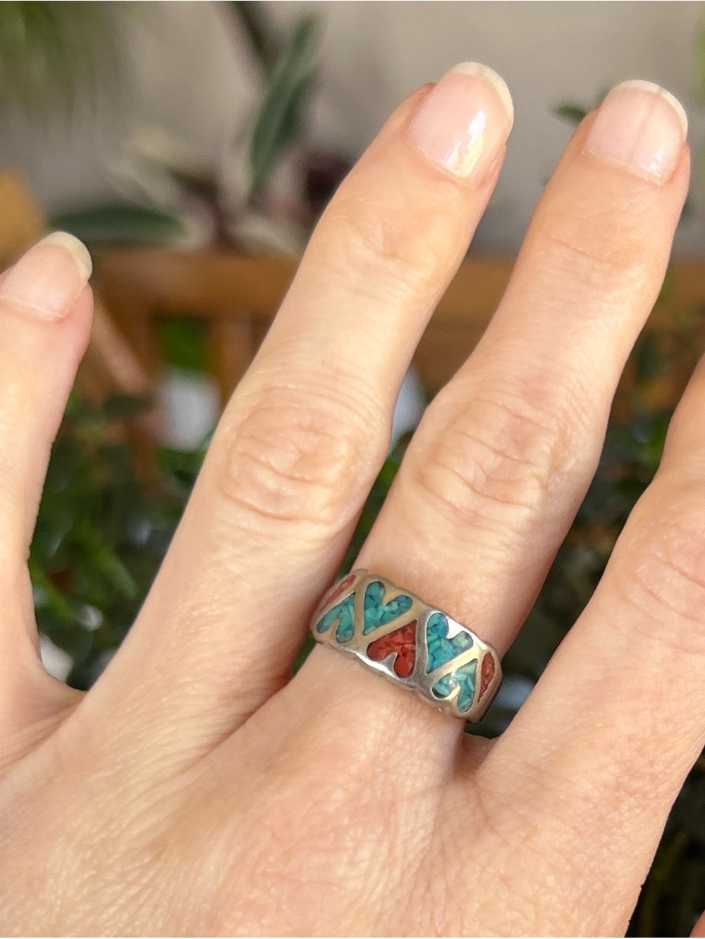 Vintage Native AmericanSterling Silver Heart Inlay Ring with Turquoise and Coral - Picture 2 of 7